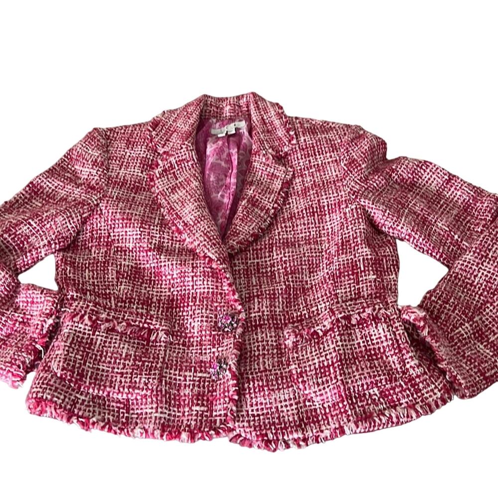 I.C.E. Pink Woven Silk Blend Suit Jacket Blazer Woman Size 6 Jewel Buttons - Picture 3 of 12
